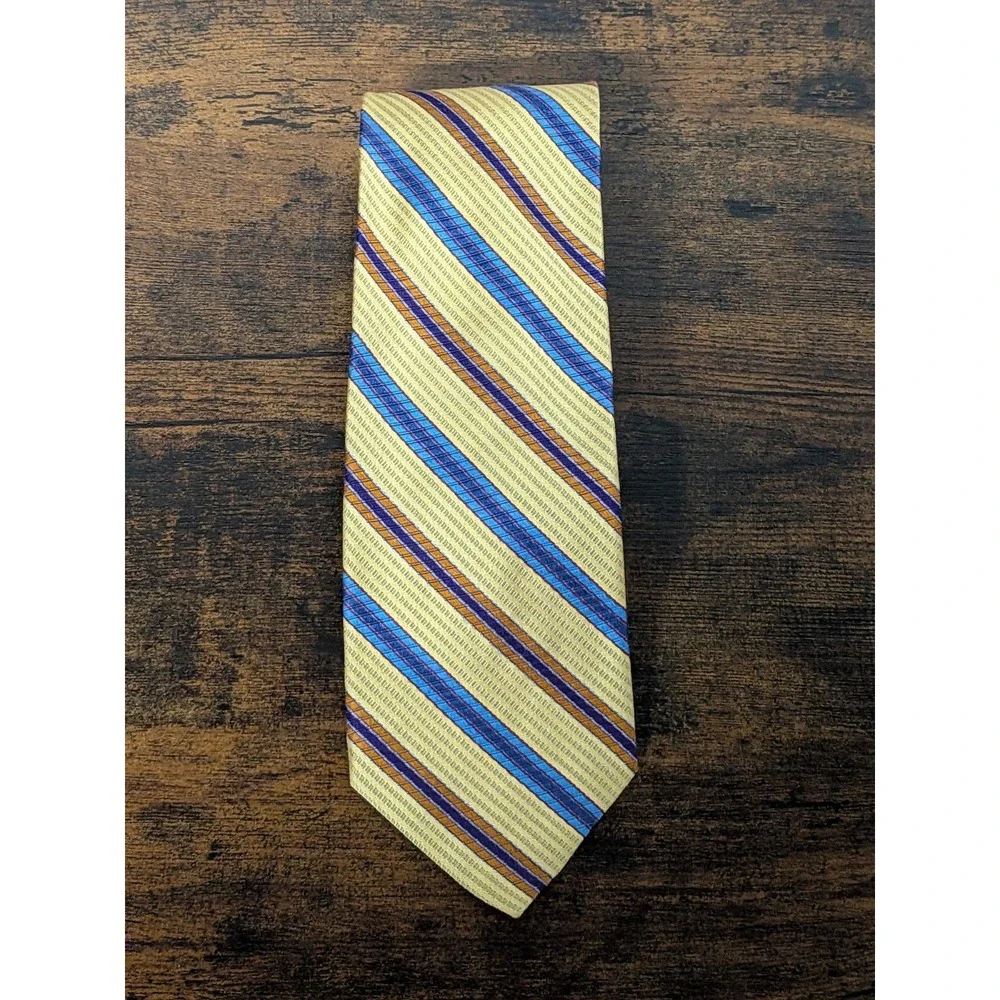 Jos A Bank Woven Silk Tie Gold‎ Blue Orange Striped 60